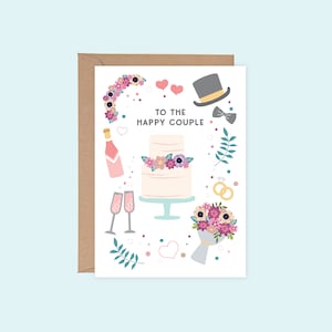 PRINTABLE To The Happy Couple Congratulations Wedding Cake Anniversary Love Greeting Card Instant Digital Download PDF Heart Floral Bouquet