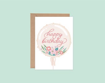 Floral Balloon Happy Birthday Card: Printable Greeting Card (PDF)