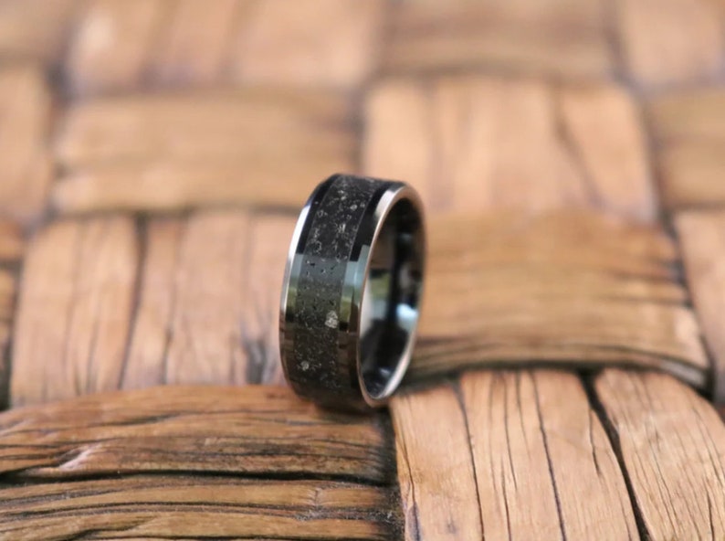 Lava Rock Ring, Ceramic Wedding Band, Black and Gray Ring, Polished Finish Band, Stone Inlay Ring, Gift for Boyfriend, Men Anniversary Gift image 5
