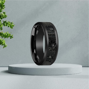 Lava Rock Ring, Ceramic Wedding Band, Black and Gray Ring, Polished Finish Band, Stone Inlay Ring, Gift for Boyfriend, Men Anniversary Gift image 1