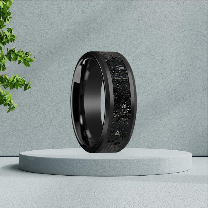 Lava Rock Ring, Ceramic Wedding Band, Black and Gray Ring, Polished Finish Band, Stone Inlay Ring, Gift for Boyfriend, Men Anniversary Gift image 1