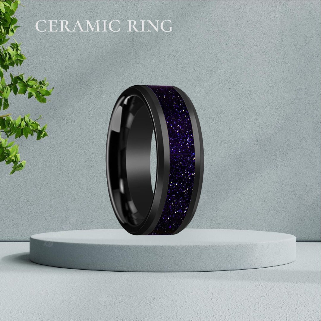 Engagement Black Ceramic Ring, Mens Ceramic Wedding Band Purple ...