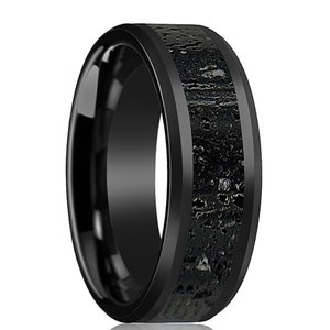 Lava Rock Ring, Ceramic Wedding Band, Black and Gray Ring, Polished Finish Band, Stone Inlay Ring, Gift for Boyfriend, Men Anniversary Gift image 4