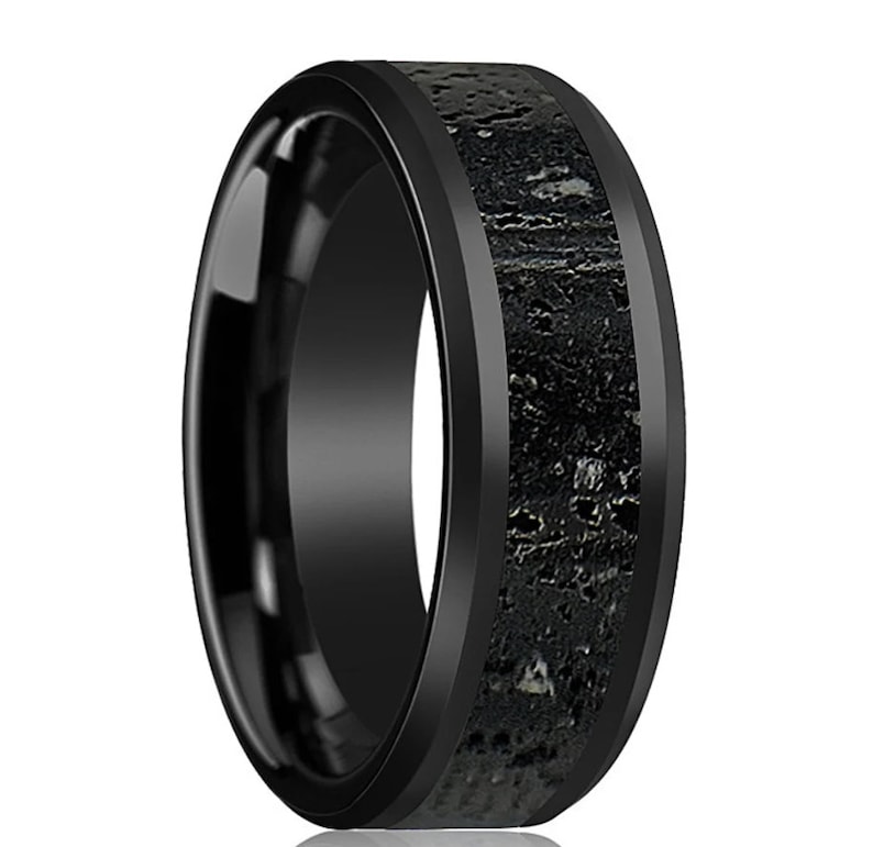 Lava Rock Ring, Ceramic Wedding Band, Black and Gray Ring, Polished Finish Band, Stone Inlay Ring, Gift for Boyfriend, Men Anniversary Gift image 4