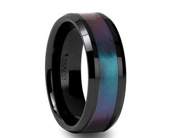 Color Changing Ring, Black Ceramic Band, Blue Purple Ring, Men's Colorful Band, Black Ceramic Ring, Best Groomsmen Favor, Gift for Husband