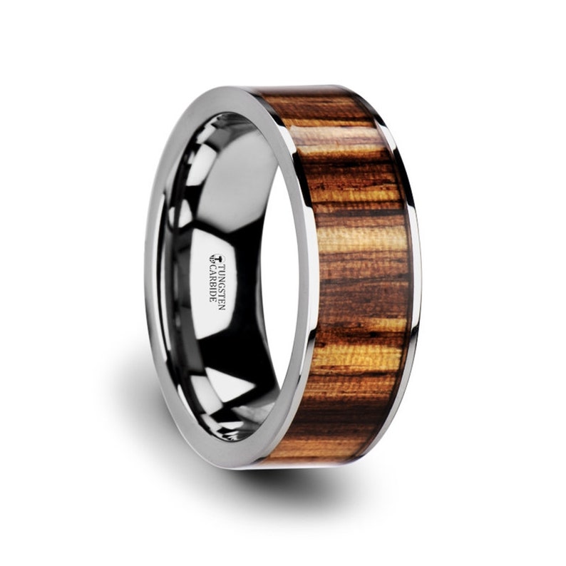 Flat Tungsten Carbide Ring with Polished Edges /& Real Zebra Wood Inlay 8mm
