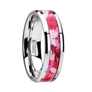 Pink Wedding Ring, Customizable Men&#39;s Band, Camouflage Patterned Ring, Tungsten Wedding Band, Quality Unisex Jewelry, Halloween Gift for Him