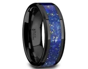 Lapis Inlay Ring, Ceramic Wedding Band, Beveled Edge Ring, Black Ceramic Band, Best Wedding Ring, Blue Promise Band, Halloween Gift for Her