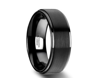 Modern Black Ring, Comfort Fit Band, Tungsten Ring, Custom Engraved Band, Dark Engagement Ring, Gift for Men, Halloween Black lightning