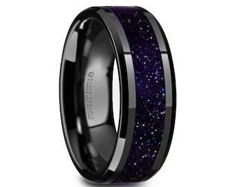 Black Purple Ceramic Beveled Polished Men’s Wedding Band with Purple Goldstone Inlay, Black Men Ring, Inlay Ring, Classic Ring, 8mm Ring