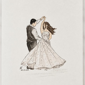 May include: A watercolor illustration of two figures dancing, one wearing a dark vest and trousers, the other in a strapless white gown with a full skirt. The artwork includes a signature and the date 08-15-2026 written in black ink at the bottom.