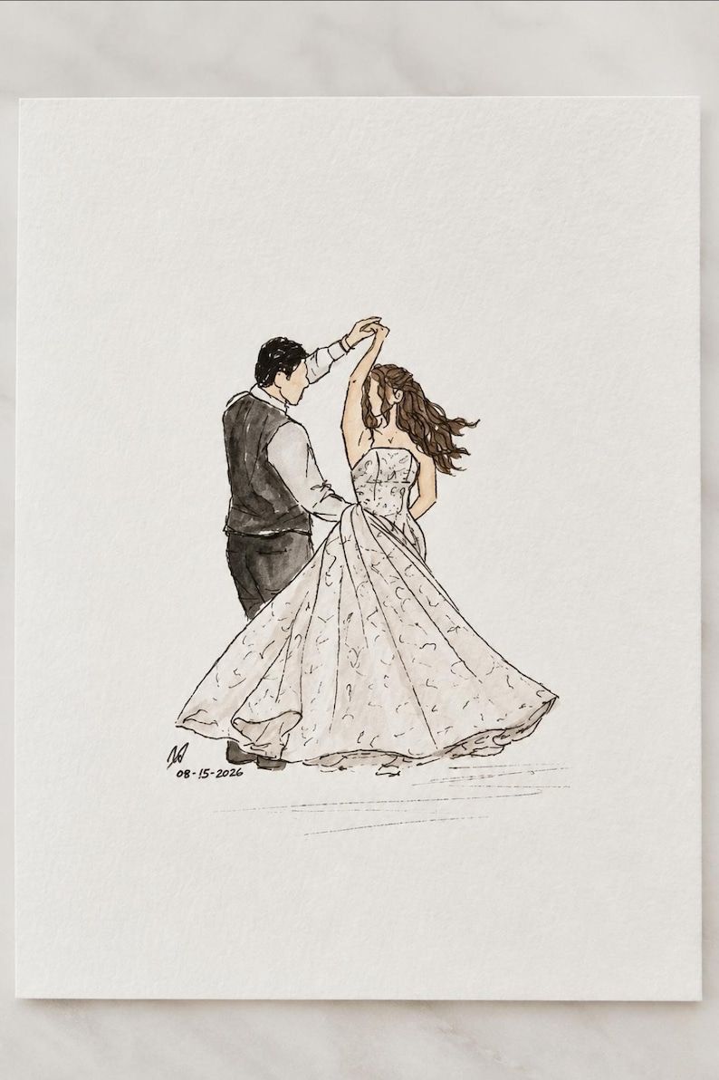 May include: A watercolor illustration of two figures dancing, one wearing a dark vest and trousers, the other in a strapless white gown with a full skirt. The artwork includes a signature and the date 08-15-2026 written in black ink at the bottom.