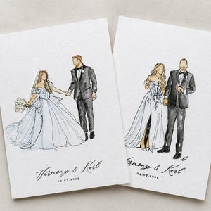 May include: Two watercolor illustrations on textured paper depicting a wedding couple. The left shows a person in a white gown with a veil and bouquet holding hands with a person in a black suit. The right shows a person in a white gown and a person in a black suit holding glasses. Both feature the text Harmony & Karl 04.07.2025.