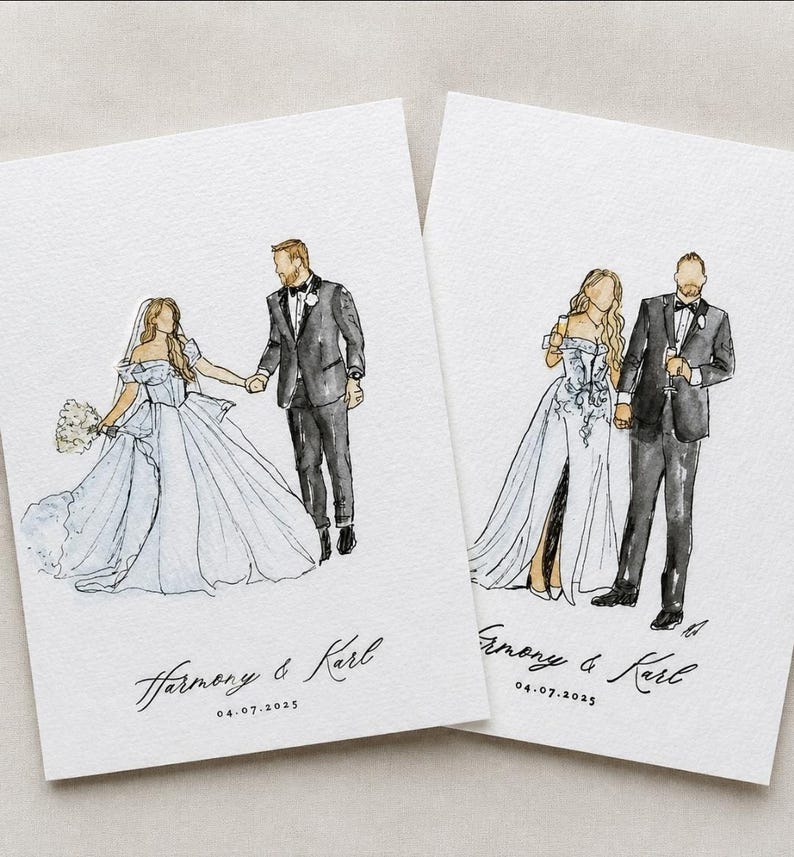 May include: Two watercolor illustrations on textured paper depicting a wedding couple. The left shows a person in a white gown with a veil and bouquet holding hands with a person in a black suit. The right shows a person in a white gown and a person in a black suit holding glasses. Both feature the text Harmony & Karl 04.07.2025.