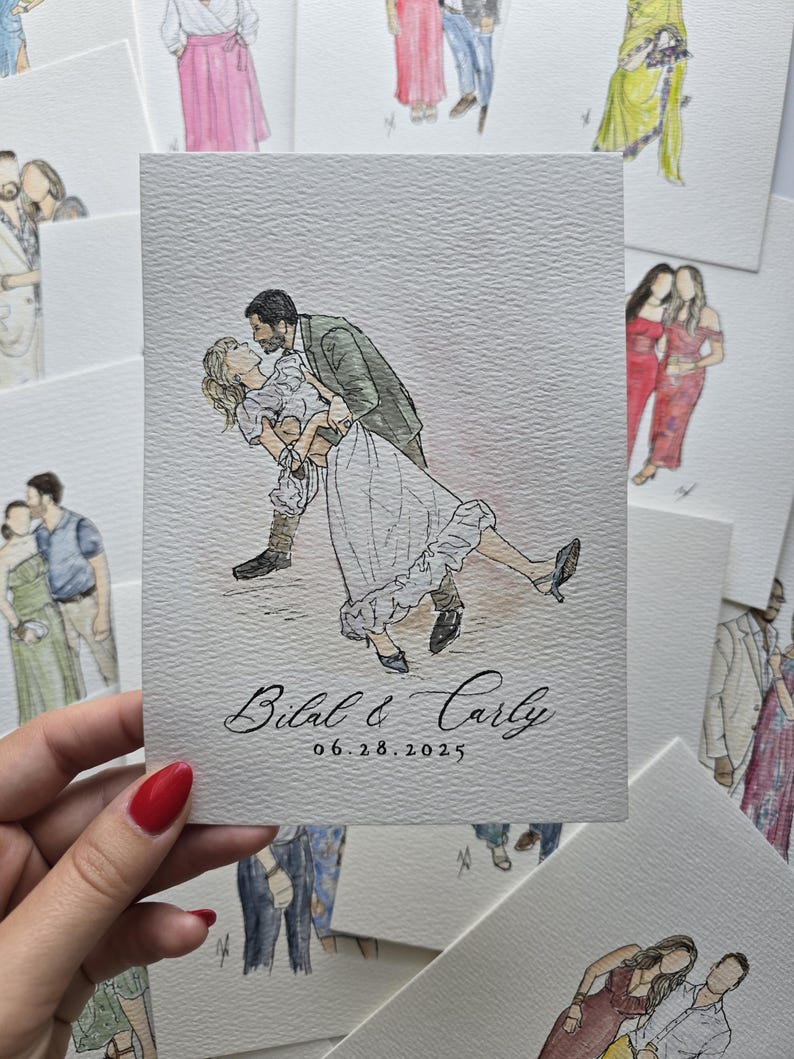 Remote Wedding guest portrait favors, budget friendly, unique wedding ideas, watercolor illustrations sketches, entertainment custom image 10