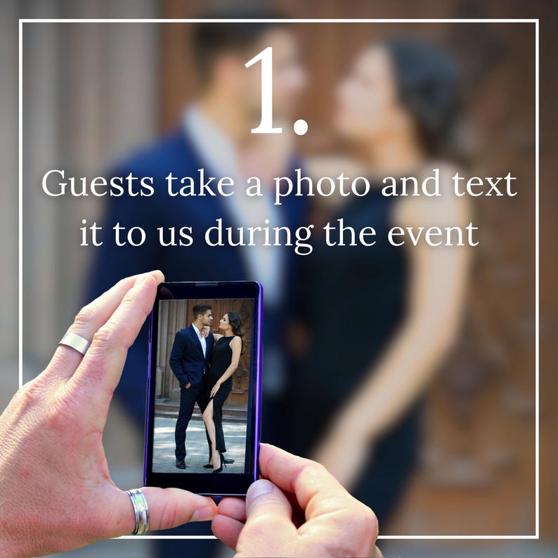 May include: A person is taking a photo of a couple on a phone. The photo shows a man and a woman in formal attire. The text on the image reads "1. Guests take a photo and text it to us during the event."