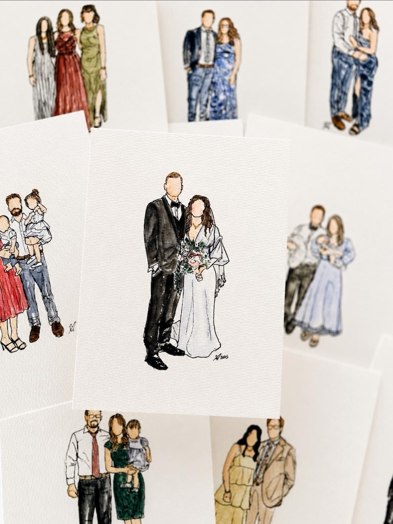 May include: A collection of watercolor illustrations on white paper featuring various couples and families. The central artwork depicts a wedding couple with the person on the left in a black suit and the person on the right in a white gown holding a bouquet.
