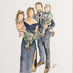 May include: A watercolor illustration of a family of four. A person in a navy blue off-the-shoulder dress holds a child in a peach dress and a bouquet of white flowers. Beside them, a person in a navy blue suit holds a child in a light green shirt.
