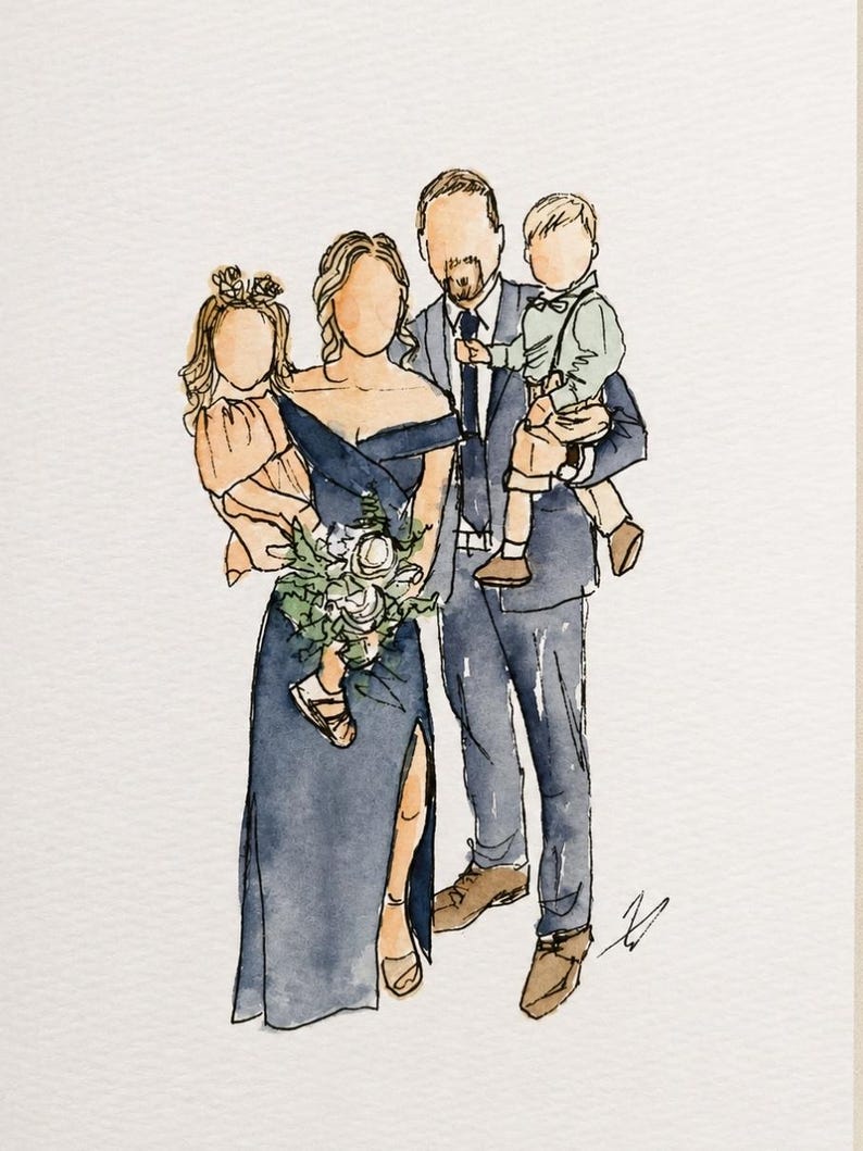 May include: A watercolor illustration of a family of four. A person in a navy blue off-the-shoulder dress holds a child in a peach dress and a bouquet of white flowers. Beside them, a person in a navy blue suit holds a child in a light green shirt.