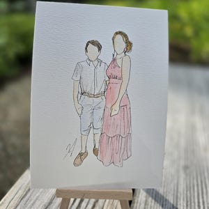May include: Watercolor painting of a woman and a child standing side-by-side. The woman is wearing a pink dress and the child is wearing a white shirt and blue shorts.