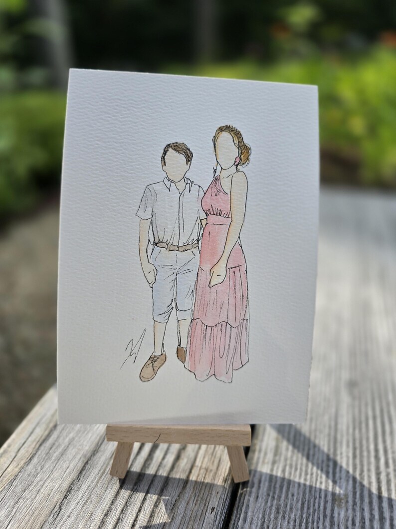 May include: Watercolor painting of a woman and a child standing side-by-side. The woman is wearing a pink dress and the child is wearing a white shirt and blue shorts.
