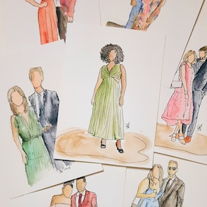 May include: Set of watercolor illustrations of couples in formal attire. The illustrations are in a romantic style and feature a variety of poses and expressions.