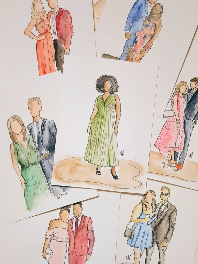 May include: Set of watercolor illustrations of couples in formal attire. The illustrations are in a romantic style and feature a variety of poses and expressions.