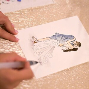 May include: A watercolor illustration of a couple embracing. The woman is wearing a white dress and the man is wearing a blue suit. The illustration is on a white card.