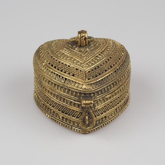 Brass Tribal Art Golden Heart Shape Trinket Box - image 1