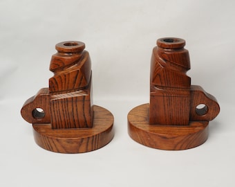 Mid-Century Unique Hand Crafted Wooden Candle Holders, Candle Sticks