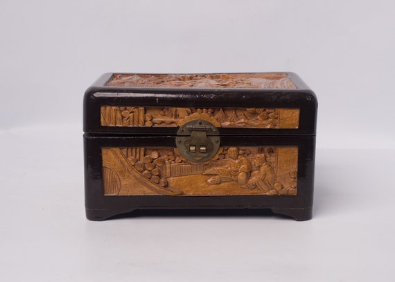 Chinese Hand Carved Wooden Jewellery/Trinket Box - image 1