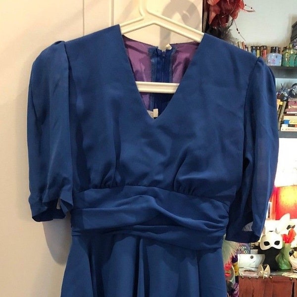 Vintage Sylvia Ann Blue Chiffon Secretary Dress w/Layered Peplum Waist