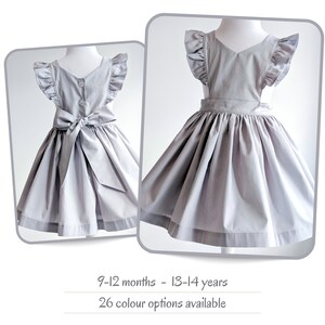 Girls pinafore dress in 26 colour options. Light grey school pinafore. Handmade cotton sundress with big bow sash. Have matching sister sets