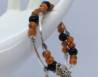 Fall Halloween Orange Black Memory Wire Wrap Bracelet With Pumpkin and Spider Web Charms
