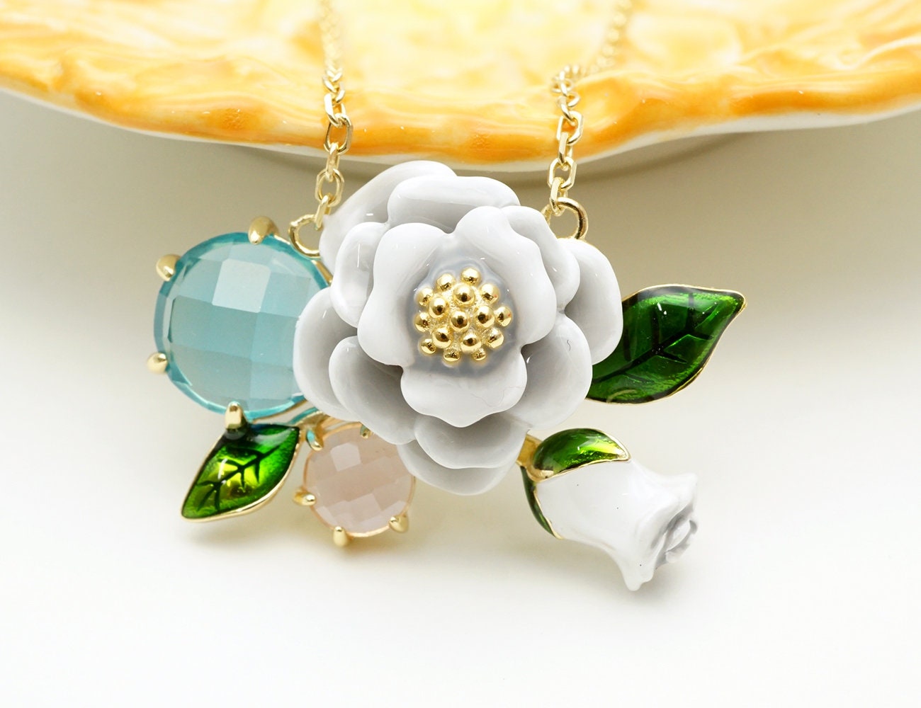 Hand painted white enamel flower necklace sterling silver Etsy