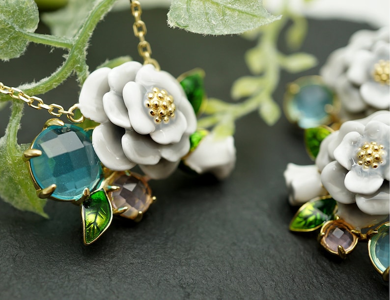 Hand Painted White Enamel Flower Necklace Sterling Silver Etsy New