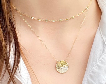 Hammered Disc Necklace, Round Charm Necklace, Suspended Round Circle Necklace, Gold Disk, 14kt Gold Filled, Rose Gold Fill & Sterling Silver