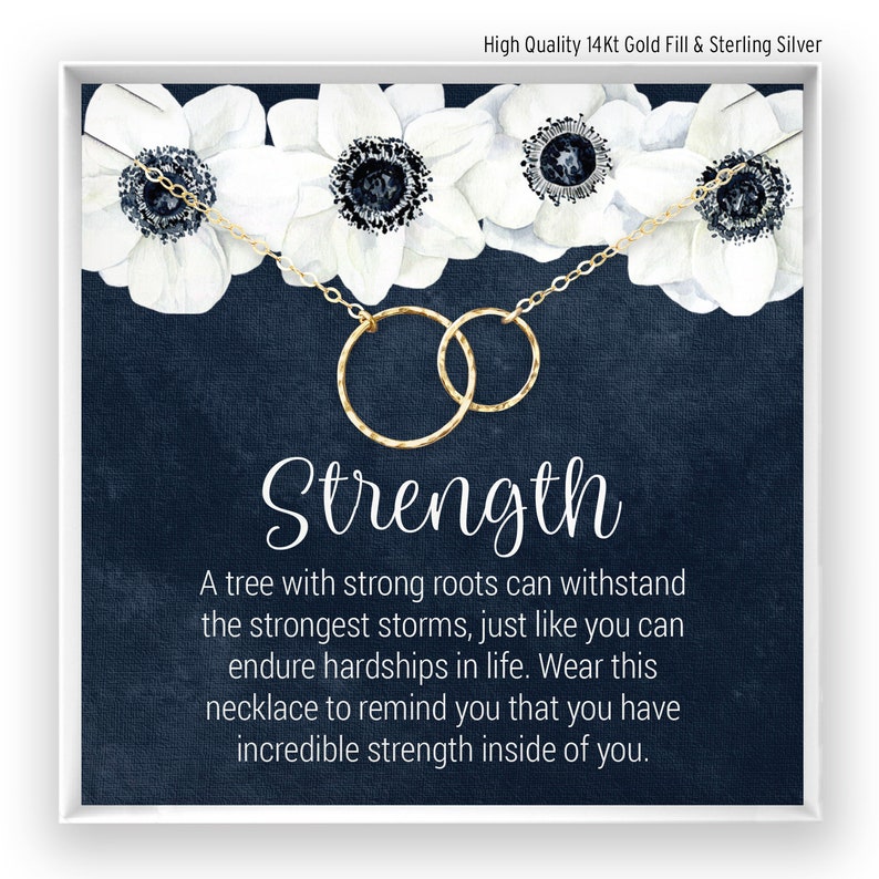 A linked circles necklace comes on a jewelry card with a message, poem or quote.  The necklace has either smooth or hammered circles that are attached together. The strength card is the perfect gift with a meaningful message to support a friend