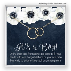A linked circles necklace comes on a jewelry card with a message, poem or quote.  The necklace has either smooth or hammered circles that are attached together. The Its a boy card is the perfect gift with a meaningful message for a new baby boy