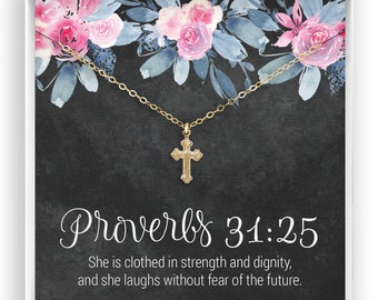 Proverbs Gift, Bible Verse Necklace, Proverbs 31:25, Baptism Gift, Christian Necklace, Catholic Cross, in 14kt Gold Filled, Rose, Silver