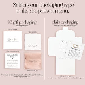 a variety of gift packaging options for a jewelry set, including a $3 gift box, plain packaging, and a $3 gift box with a polishing cloth. The packaging options are labeled as customizable gift boxes, plain packaging, and a $3 gift box with a polishing cloth. The image also includes a $3 gift box, a $3 gift box with a polishing cloth, and a $3 gift box with a message card.