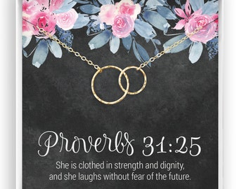 Proverbs Jewelry, Scripture Jewelry, Proverbs Gift, Bible Verse Necklace, Proverbs 31:25, Christian Necklace, 14kt Gold Filled, Rose, Silver