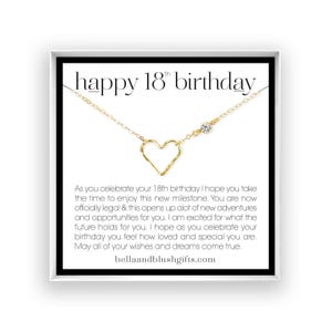 The image is a birthday card for someone's 18th birthday, featuring a gold necklace with a heart-shaped pendant and a message of love and support.