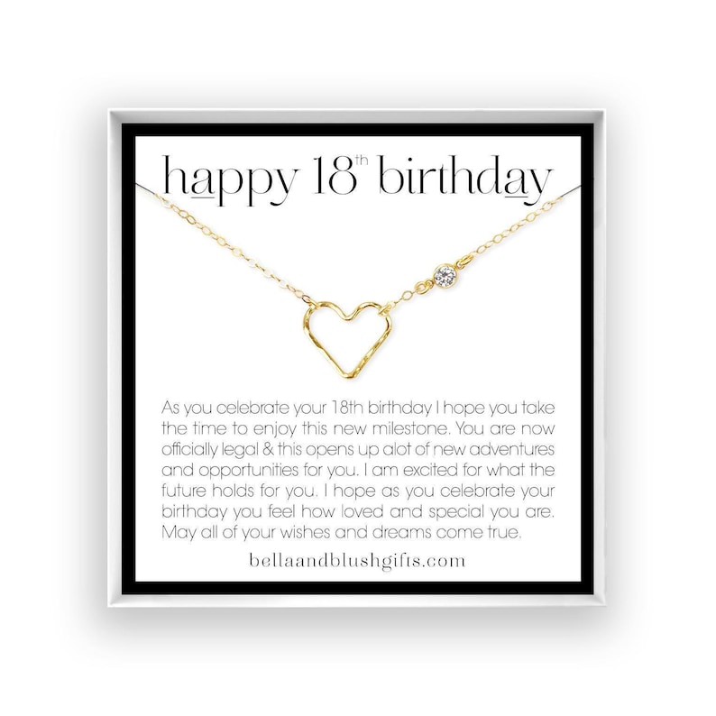 The image is a birthday card for someone's 18th birthday, featuring a gold necklace with a heart-shaped pendant and a message of love and support.