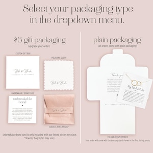 a variety of gift packaging options for a jewelry set, including a $3 gift box, plain packaging, and a $3 gift box with a polishing cloth. The packaging options are labeled as customizable gift boxes, plain packaging, and a $3 gift box with a polishing cloth. The image also includes a $3 gift box, a $3 gift box with a polishing cloth, and a $3 gift box with a message card.