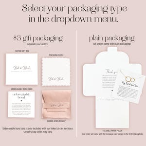 a variety of gift packaging options for a jewelry set, including a $3 gift box, plain packaging, and a $3 gift box with a polishing cloth. There is also an unbreakable bond card and a $3 gift box with a jewelry bag. The text indicates that all orders come with plain packaging, and the jewelry bag styles may vary.