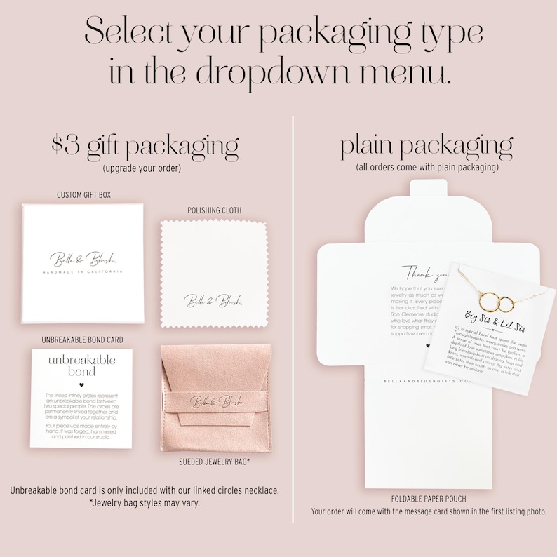 a variety of gift packaging options for a jewelry set, including a $3 gift box, plain packaging, and a $3 gift box with a polishing cloth. There is also an unbreakable bond card and a $3 gift box with a jewelry bag. The text indicates that all orders come with plain packaging, and the jewelry bag styles may vary.