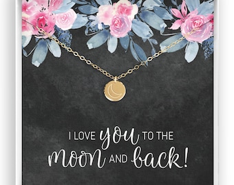 14kt Gold Filled Moon Necklace, I Love You Gift, Celestial Jewelry, I Love You to the Moon and back, Moon Pendant, Engraved Disc Necklace