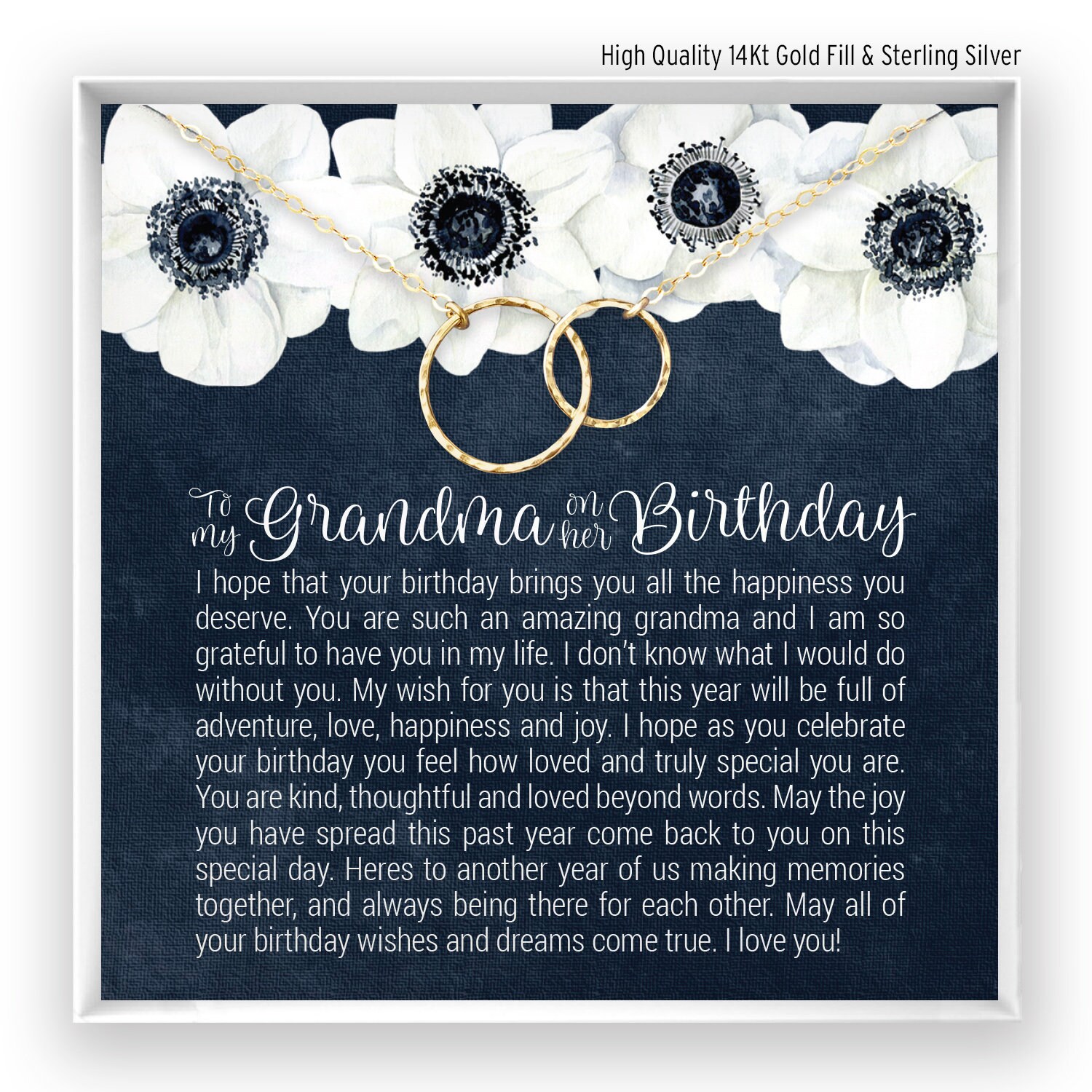 Grandma Birthday Gift, Grandmother Birthday Jewelry, Grandma Necklace, Happy Birthday Gift, Message Card Quote, Gold Filled, Rose, Silver NF