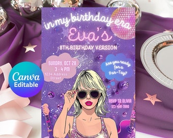 May include: Purple and pink birthday party invitation with a cartoon illustration of a woman wearing sunglasses and a sparkly top. The text reads "in my birthday era Eva's 8th birthday version" and "Are you ready for a Par-Tay?"
